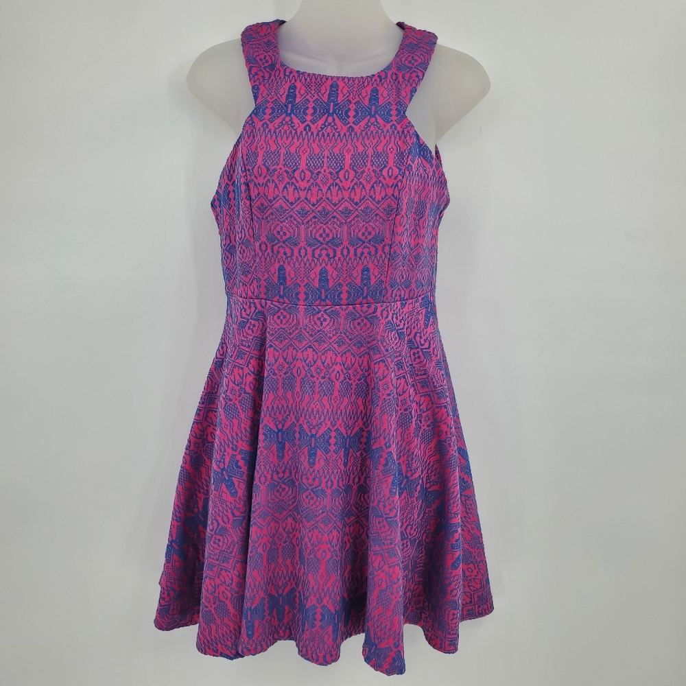 ☆☆ erGuo Pink and Blue Aztec Pattern Textured Fit and Flare Dress Size Small